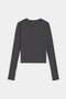 SPLITS59's Airweight Lite LS Waist Length in Graphite, a long-sleeve fitted top with a crew neckline, ideal for workouts, displayed flat on a white background.