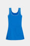 The SPLITS59 Martina Rigor Dress w/Piping is a blue sleeveless dress with white piping, a scoop neckline, and two side slits.