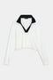 SPLITS59's Joan Fleece Polo Sweatshirt, featuring a black V-neck collar, is displayed flat on a white background.