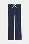 Flat view of dark blue cropped sweatpants with white string along the waistband