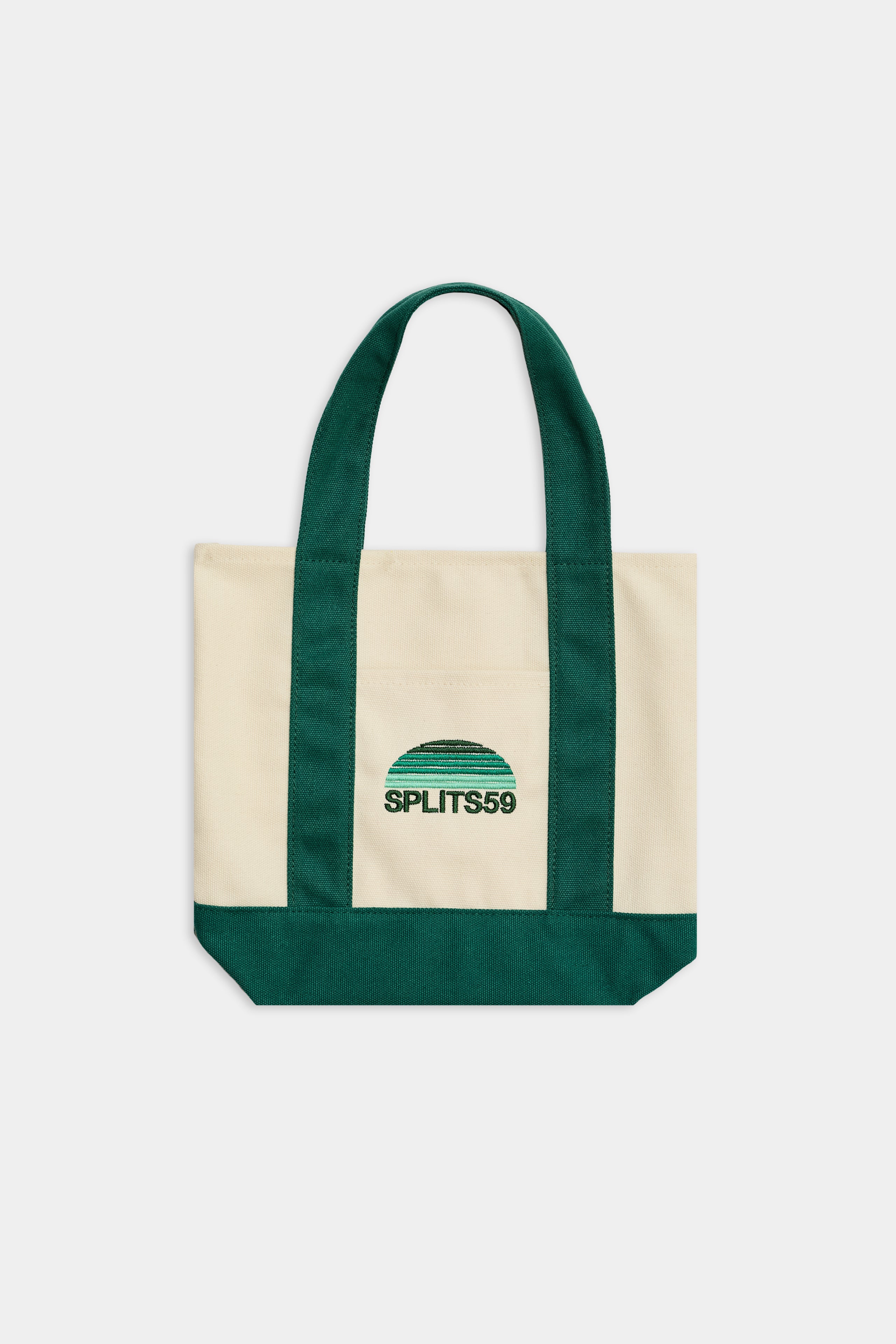 The SPLITS59 Mini Canvas Tote Bag in Natural/Arugula features cream cotton canvas with dark green handles, trim, and a green SPLITS59 logo and graphic on the front pocket.