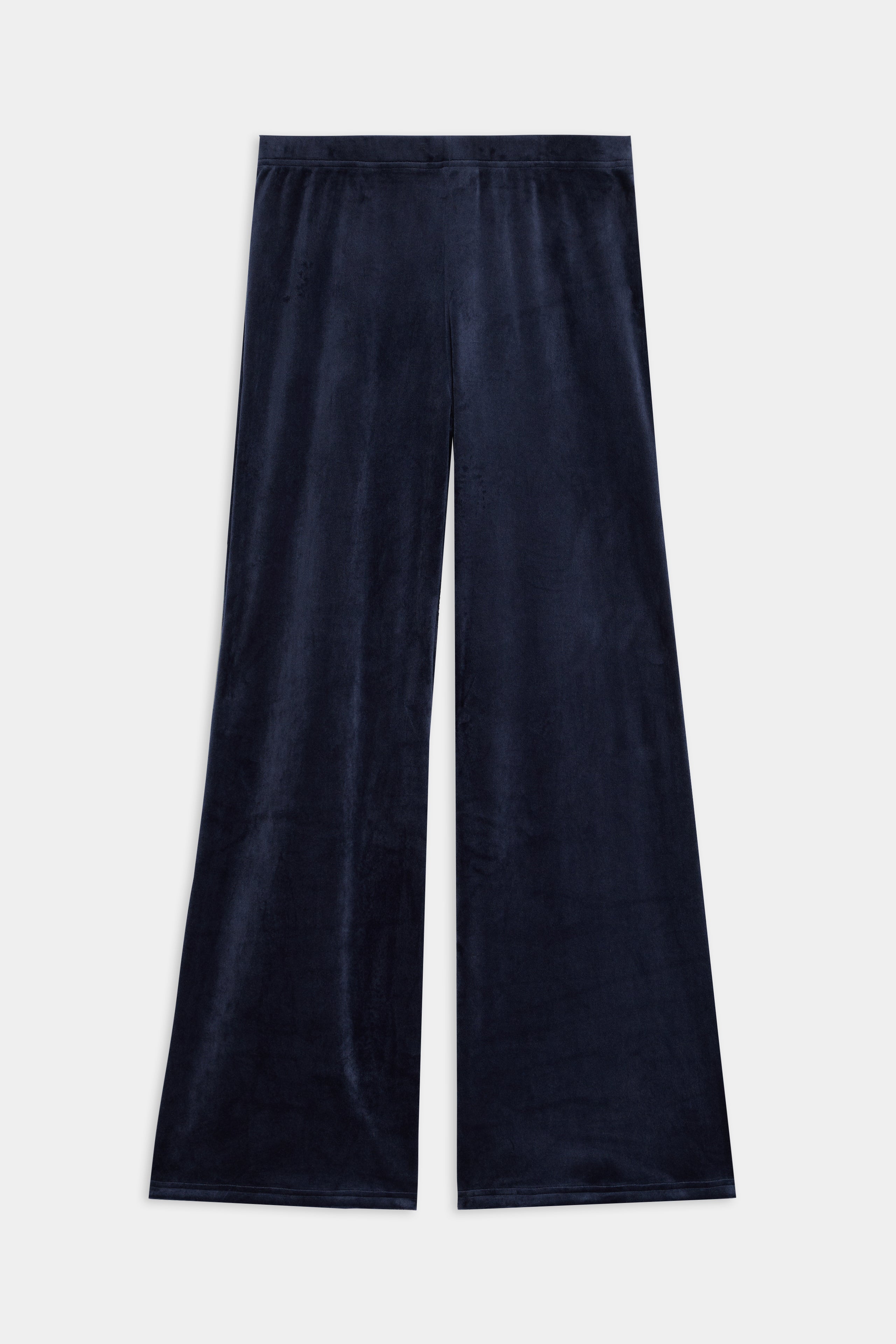 SPLITS59 Joy Velour Pant in navy blue, wide-leg style, shown laid flat on a white background.