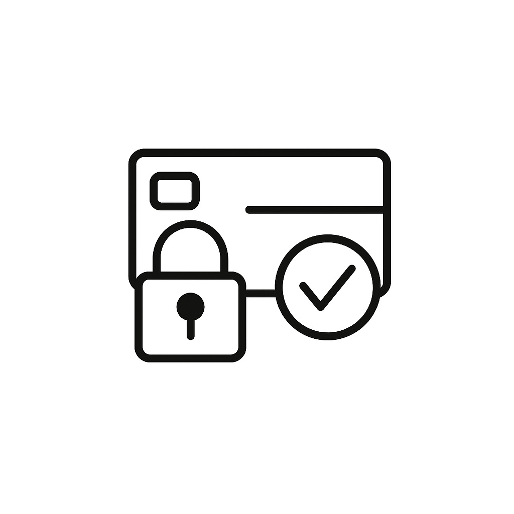 The Secure Card Check by SPLITS59 features a credit card outline with a padlock and checkmark, symbolizing safe online transactions and secure payment.