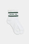 A pair of Logo Stripe Quarter Socks by SPLITS59, featuring a retro-inspired design in white with black stripes near the top and "SPLITS59" text in green.