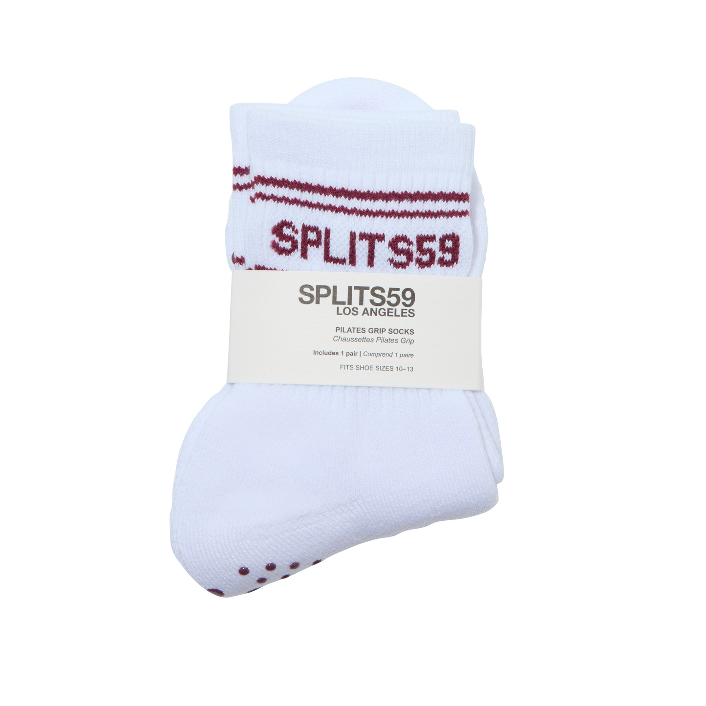 SPLITS59 Pilates Grip Sock in White/Bergundy, size 7.5–13, features maroon text and comes folded together in branded packaging.