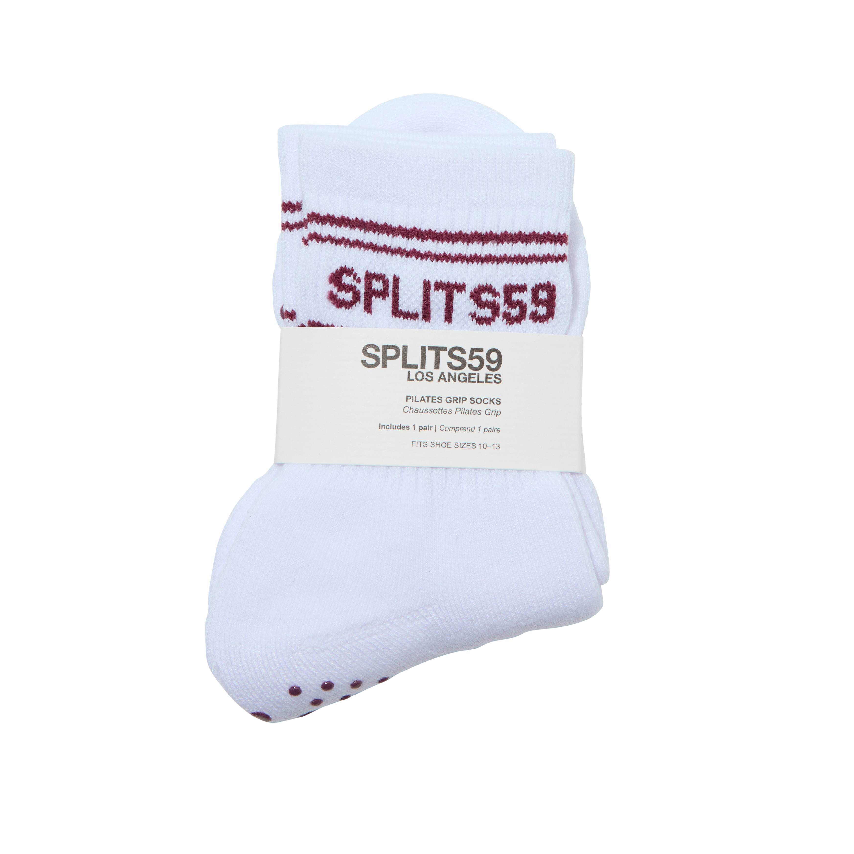 SPLITS59 Pilates Grip Sock in White/Bergundy, size 7.5–13, features maroon text and comes folded together in branded packaging.