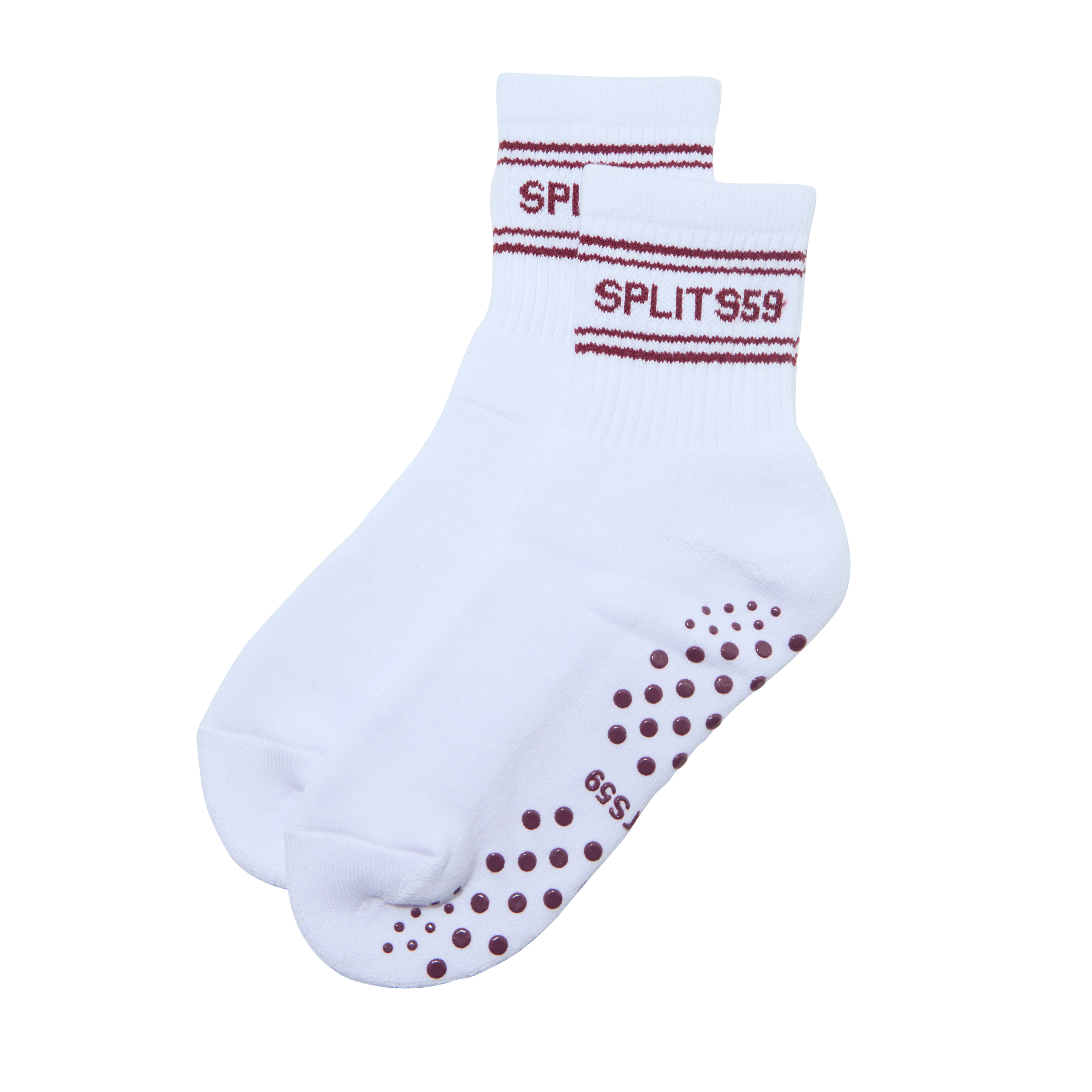 The SPLITS59 Pilates Grip Sock in White/Burgundy features maroon “SPLITS59” text and stripes at the cuffs, plus maroon grip dots and an “S59” logo on the soles.