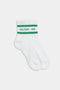 The SPLITS59 Logo Stripe Quarter Socks in White/Grass feature green stripes and a green SPLITS59 logo near the top for a classic retro sporty look.