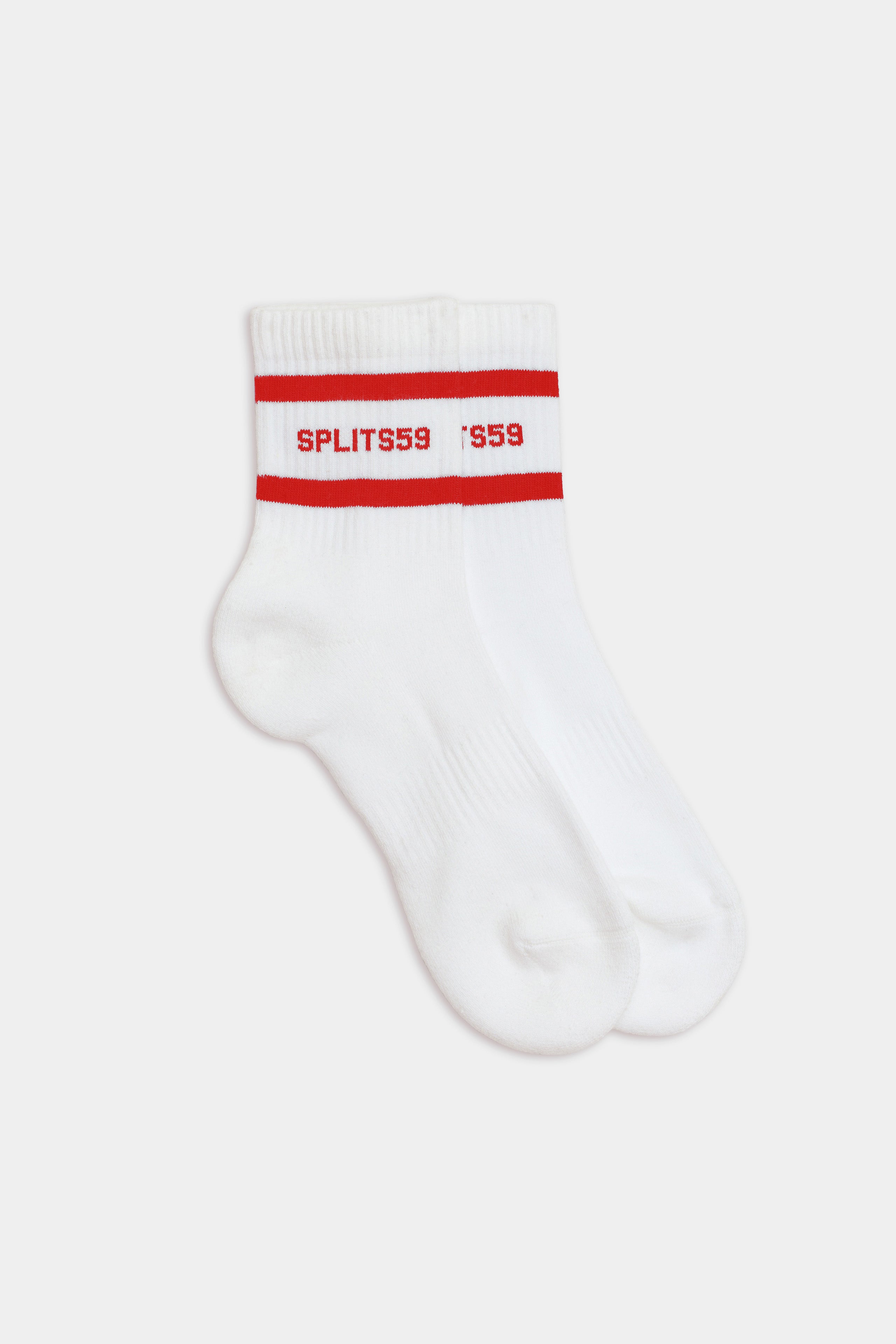 The SPLITS59 Logo Stripe Quarter Socks in White/Lotus Red feature retro red stripes and "SPLITS59" text near the top.