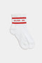 The SPLITS59 Logo Stripe Quarter Socks in White/Lotus Red feature retro red stripes and "SPLITS59" text near the top.