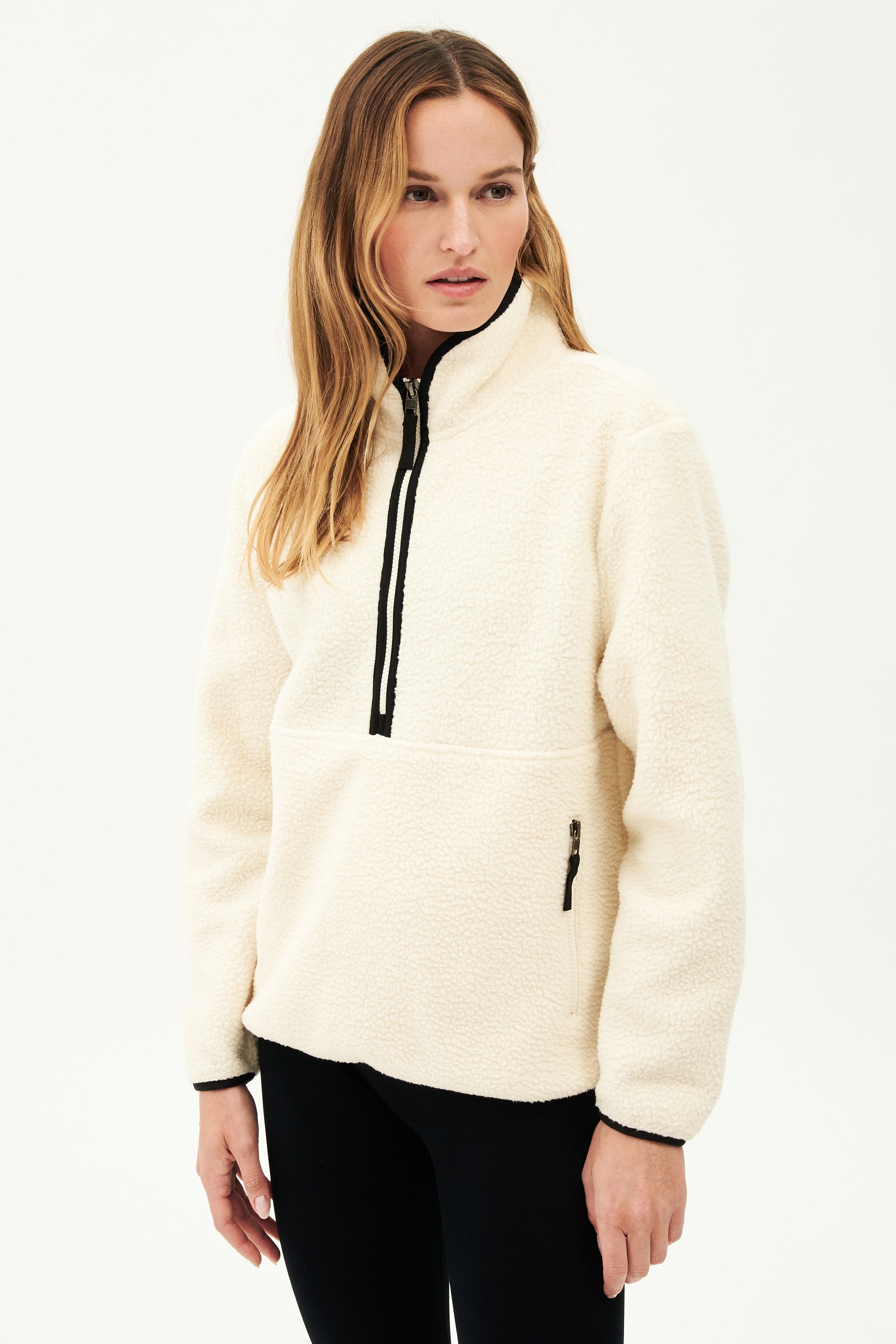 The SPLITS59 Libby Sherpa Half Zip - Creme/Black women's fleece pullover is cozy and stylish.